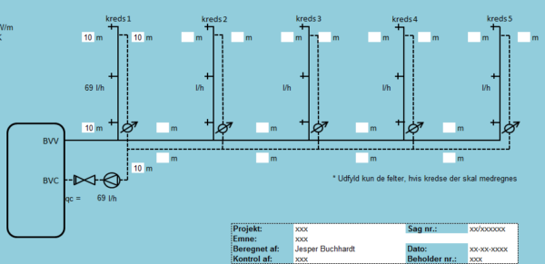 Dimensionering af cirkulationssystem for varmt brugsvand med 1-5 kredse